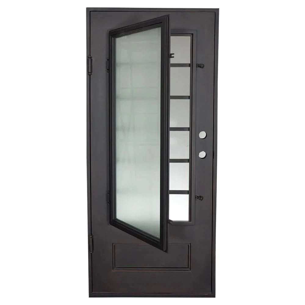 Bronx flat top single flat metal door for cold weather in bronze color.