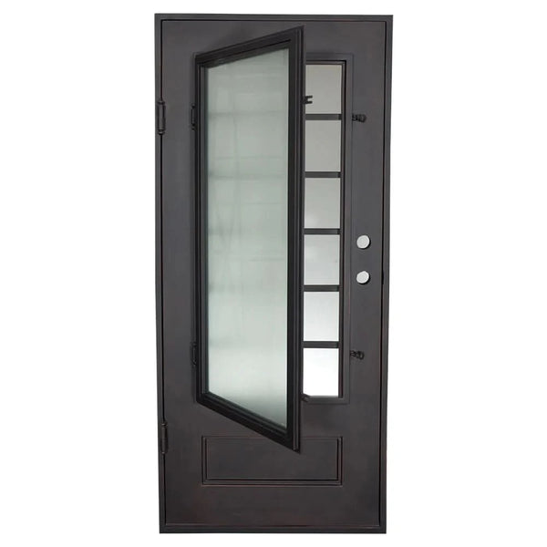 Bronx flat top single flat metal door for cold weather in bronze color.