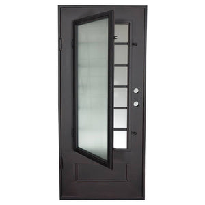 Single exterior door made of iron with a thick frame and a single 12-paned window. Door is thermally broken to protect from extreme weather.