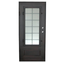 Load image into Gallery viewer, Single exterior door made of iron with a thick frame and a single 12-paned window. Door is thermally broken to protect from extreme weather.