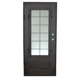 Single exterior door made of iron with a thick frame and a single 12-paned window. Door is thermally broken to protect from extreme weather.