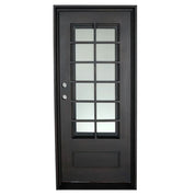 Bronx Black exterior iron flat top single door with thick glass panel.