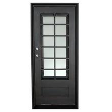Load image into Gallery viewer, Single exterior door made of iron with a thick frame and a single 12-paned window. Door is thermally broken to protect from extreme weather.
