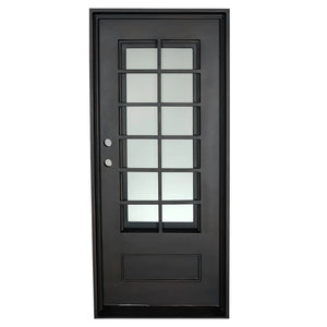 Single exterior door made of iron with a thick frame and a single 12-paned window. Door is thermally broken to protect from extreme weather.