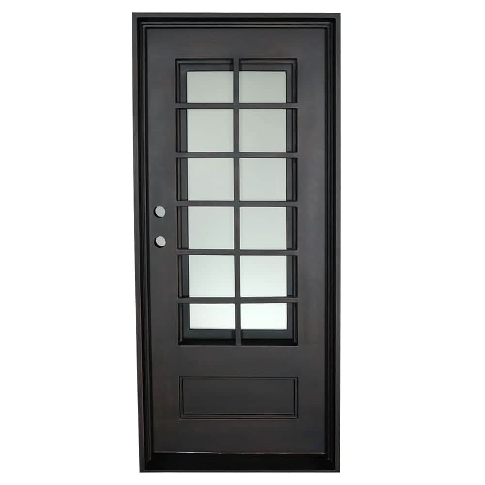 Bronx single metal exterior door with thermal barrier and tempered glass.