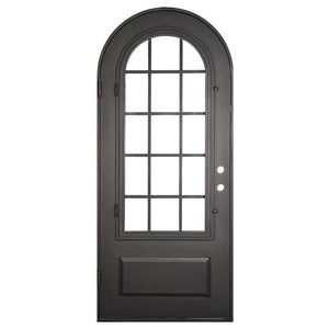 Single exterior door made of iron with a thick frame, a single 15-paned window, a full arch on top and a solid bottom. Door is thermally broken to protect from extreme weather.