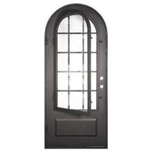 Load image into Gallery viewer, Single exterior door made of iron with a thick frame, a single 15-paned window, a full arch on top and a solid bottom. Door is thermally broken to protect from extreme weather.