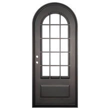 Load image into Gallery viewer, Single exterior door made of iron with a thick frame, a single 15-paned window, a full arch on top and a solid bottom. Door is thermally broken to protect from extreme weather.