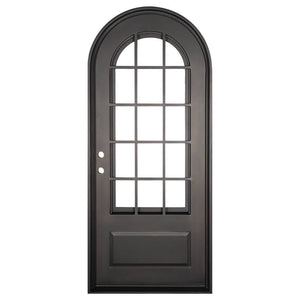 Single exterior door made of iron with a thick frame, a single 15-paned window, a full arch on top and a solid bottom. Door is thermally broken to protect from extreme weather.