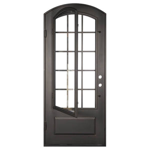 Single iron door with a thick frame, a single 15-pane window, slight arch and a solid bottom. Door is thermally broken to protect from extreme weather.