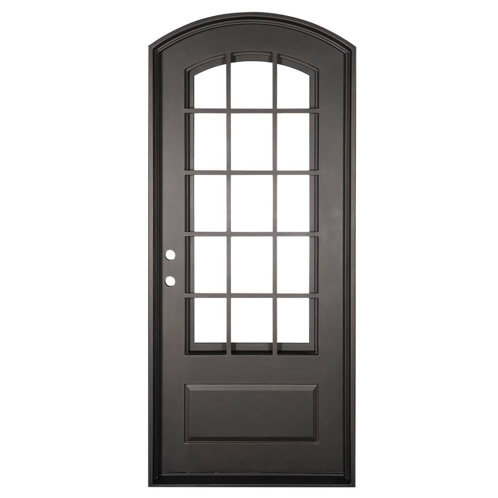 Single iron door with a thick frame, a single 15-pane window, slight arch and a solid bottom. Door is thermally broken to protect from extreme weather.