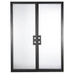 Double door with a single pane of glass on each side. Door is thermally broken to protect from extreme weather.