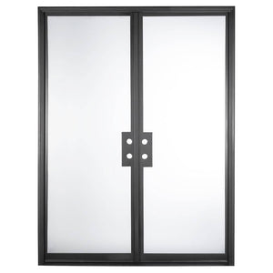 Double door with a single pane of glass on each side. Door is thermally broken to protect from extreme weather.