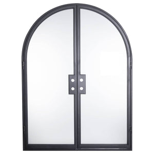 Double door with a single pane of glass on each side and a full arch on top. Door is thermally broken to protect from extreme weather.