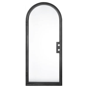 Single door with a thin iron frame, full glass panel and full arch on top. Door is thermally broken to protect from extreme weather.