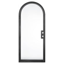 Load image into Gallery viewer, Single door with a thin iron frame, full glass panel and full arch on top. Door is thermally broken to protect from extreme weather.