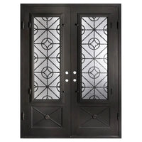 Double doors made of black iron and steel with two paned windows, an intricate iron design, and solid bottom panels. Doors are thermally broken to protect from extreme weather.