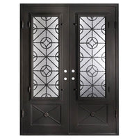 Double doors with a thick steel frame and windows behind intricate detailing from PINKYS