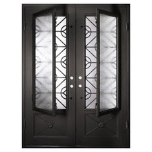 Load image into Gallery viewer, Double doors made of black iron and steel with two paned windows, an intricate iron design, and solid bottom panels. Doors are thermally broken to protect from extreme weather.