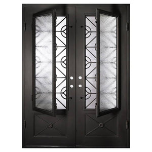 Double doors made of black iron and steel with two paned windows, an intricate iron design, and solid bottom panels. Doors are thermally broken to protect from extreme weather.