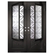 Baily black exterior wrought iron double swing door with flat top.