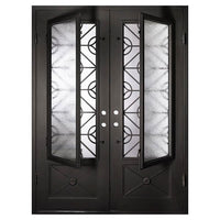 Double doors with a thick steel frame and windows behind intricate detailing from PINKYS