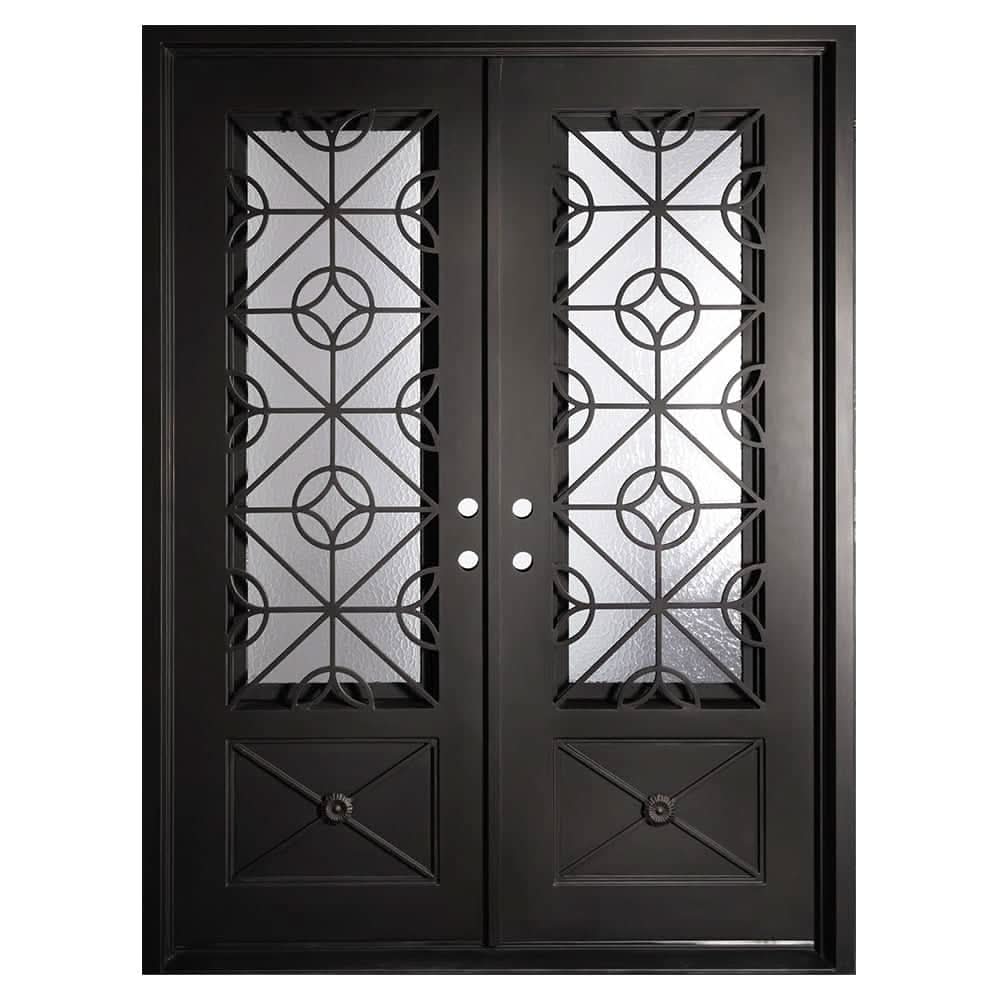 Baily black iron double entry door with flat top and tempered glass.