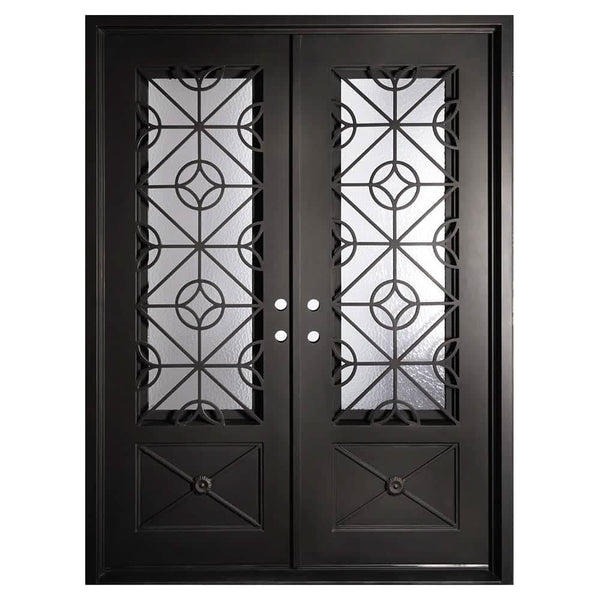 Baily black iron double entry door with flat top and tempered glass.