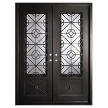 Load image into Gallery viewer, Double doors made of black iron and steel with two paned windows, an intricate iron design, and solid bottom panels. Doors are thermally broken to protect from extreme weather.