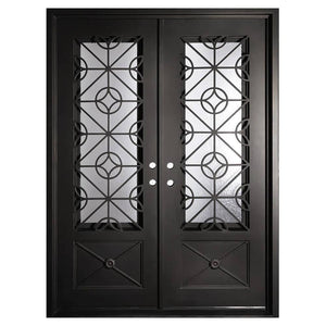 Double doors made of black iron and steel with two paned windows, an intricate iron design, and solid bottom panels. Doors are thermally broken to protect from extreme weather.