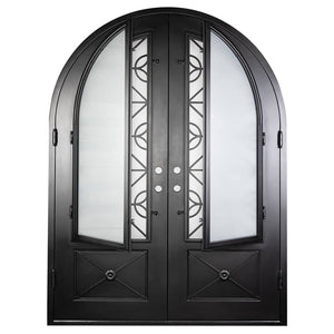 Double doors with a thick steel frame and windows behind intricate detailing from PINKYS