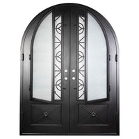Double doors made of black iron and steel with two paned windows, an intricate iron design, a full arch, and solid bottom panels. Doors are thermally broken to protect from extreme weather.