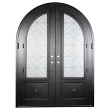 Load image into Gallery viewer, Double doors made of black iron and steel with two paned windows, an intricate iron design, a full arch, and solid bottom panels. Doors are thermally broken to protect from extreme weather.