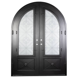 Double doors made of black iron and steel with two paned windows, an intricate iron design, a full arch, and solid bottom panels. Doors are thermally broken to protect from extreme weather.