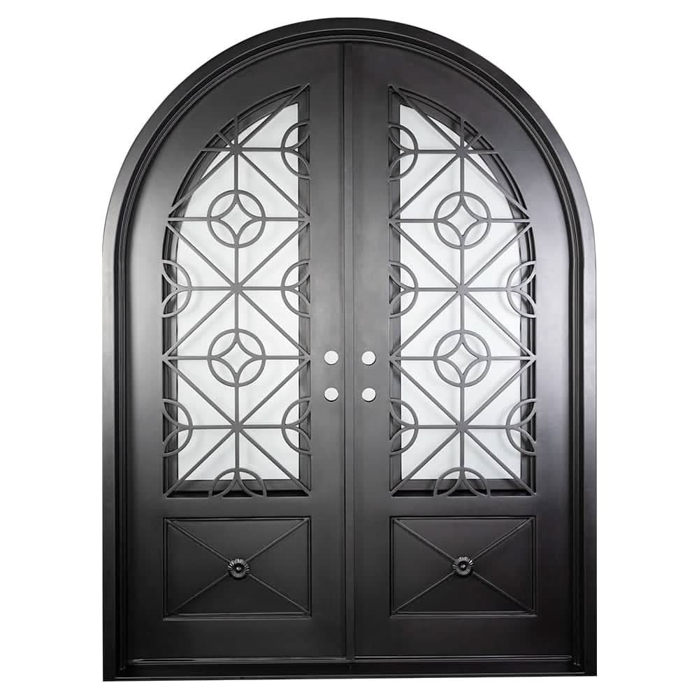 Baily round top french entry door with decorative scrollwork and thick glass.