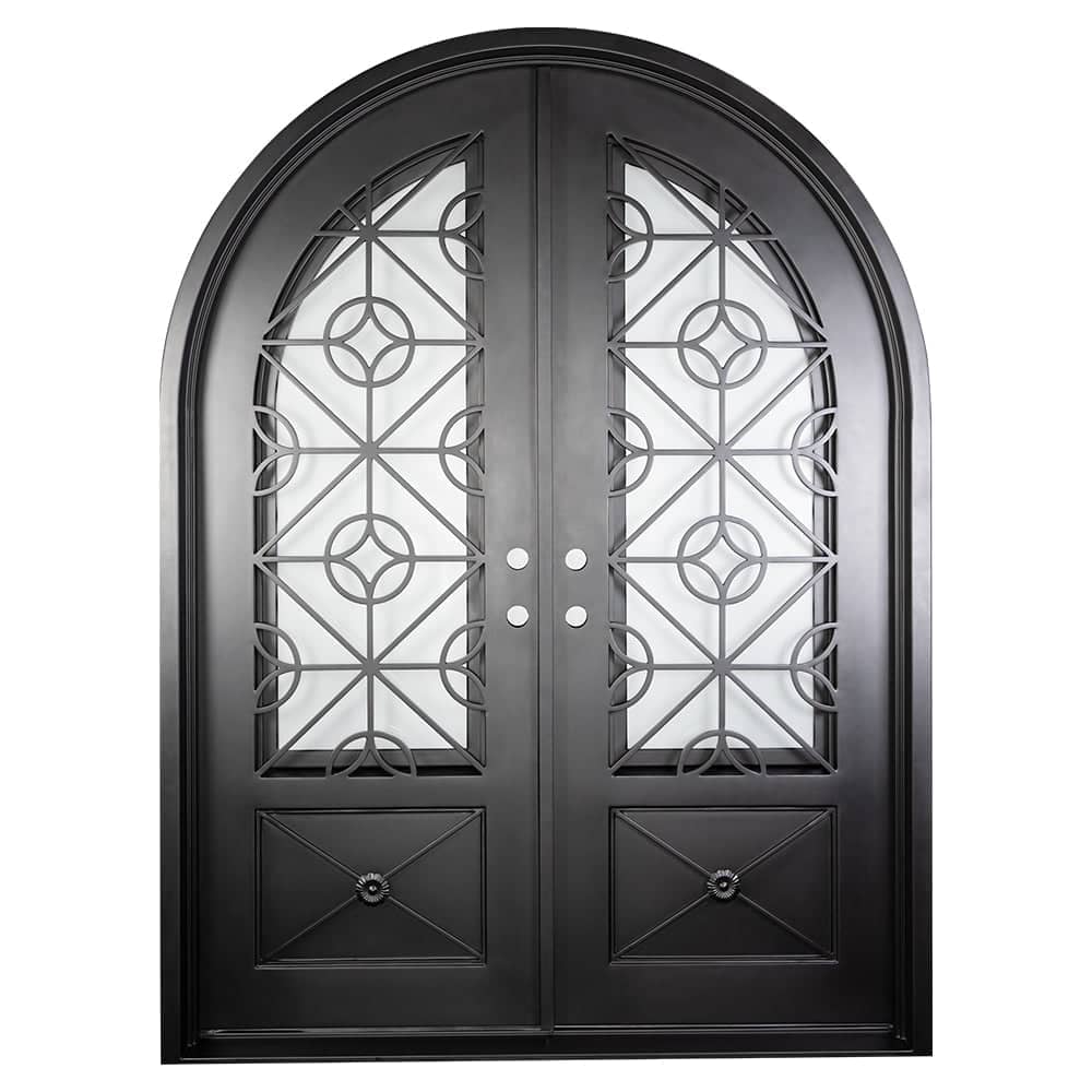 Double doors made of black iron and steel with two paned windows, an intricate iron design, a full arch, and solid bottom panels. Doors are thermally broken to protect from extreme weather.