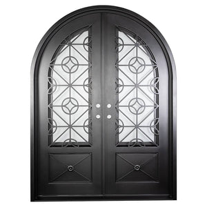 Double doors made of black iron and steel with two paned windows, an intricate iron design, a full arch, and solid bottom panels. Doors are thermally broken to protect from extreme weather.