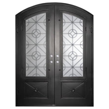 Load image into Gallery viewer, Double doors made of black iron and steel with two paned windows, an intricate iron design, solid bottom panels and a slight arch. Doors are thermally broken to protect from extreme weather.