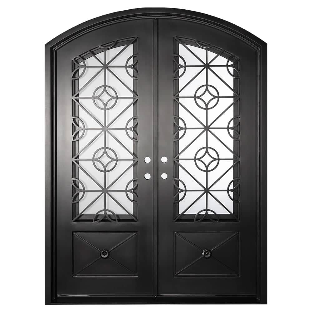 Double doors with a thick steel frame and windows behind intricate detailing from PINKYS