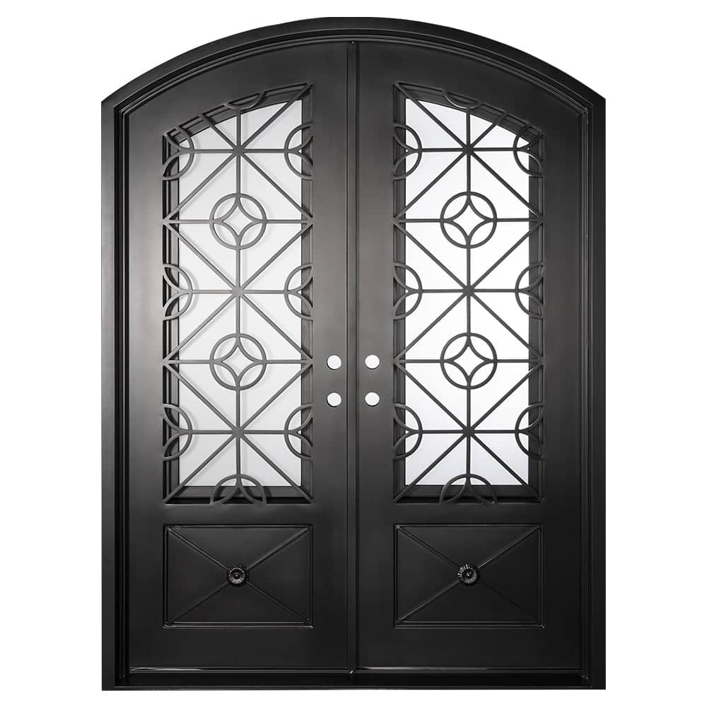 Double doors made of black iron and steel with two paned windows, an intricate iron design, solid bottom panels and a slight arch. Doors are thermally broken to protect from extreme weather.