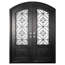 Load image into Gallery viewer, Double doors made of black iron and steel with two paned windows, an intricate iron design, solid bottom panels and a slight arch. Doors are thermally broken to protect from extreme weather.