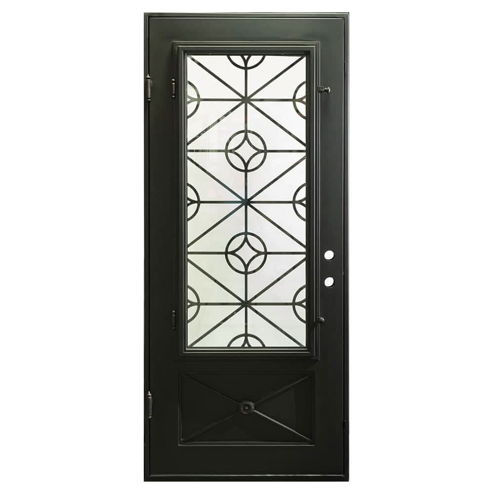 Baily Pre-hung black iron flat top single door with thick glass.