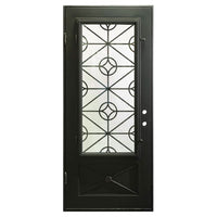 Single door with a thick steel frame and a window behind intricate detailing from PINKYS