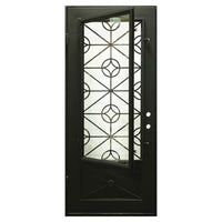 Single entryway door made of black iron and steel with a single large window, an intricate iron design, and a solid bottom panel. Door is thermally broken to protect from extreme weather.