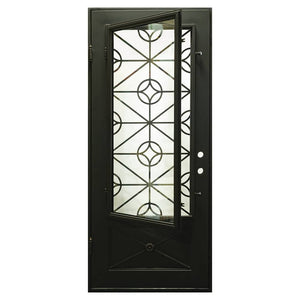 Single entryway door made of black iron and steel with a single large window, an intricate iron design, and a solid bottom panel. Door is thermally broken to protect from extreme weather.