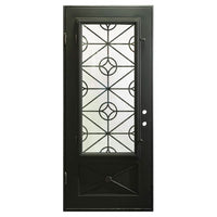 Single entryway door made of black iron and steel with a single large window, an intricate iron design, and a solid bottom panel. Door is thermally broken to protect from extreme weather.