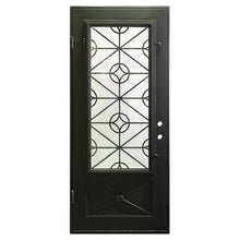 Load image into Gallery viewer, Single entryway door made of black iron and steel with a single large window, an intricate iron design, and a solid bottom panel. Door is thermally broken to protect from extreme weather.