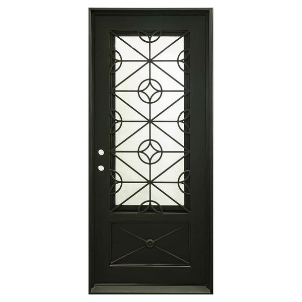 Baily Black flat top single entry door with tempered glass panels.