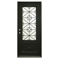 Single entryway door made of black iron and steel with a single large window, an intricate iron design, and a solid bottom panel. Door is thermally broken to protect from extreme weather.