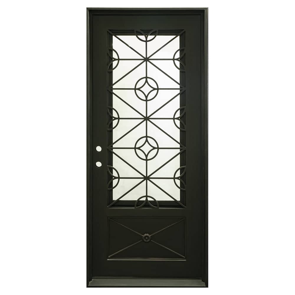Single entryway door made of black iron and steel with a single large window, an intricate iron design, and a solid bottom panel. Door is thermally broken to protect from extreme weather.